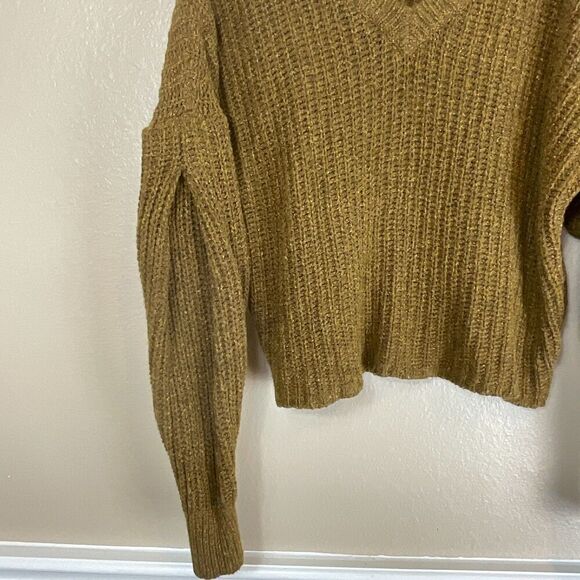 Madewell Chunky Camel Sz M Wool Blend Knit Sweater Puff Sleeve Boxy Crop Top H2 - Picture 9 of 12